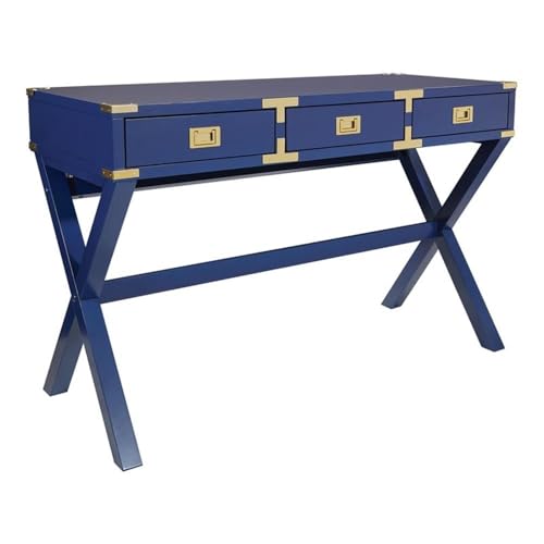 Pemberly Row 46" Home Office Desk, Engineered Wood, Lapis Blue Finish, Includes Power Station, 3 Storage Drawers, Vintage Field Style Writing Desk for Workspace or Home Office Use