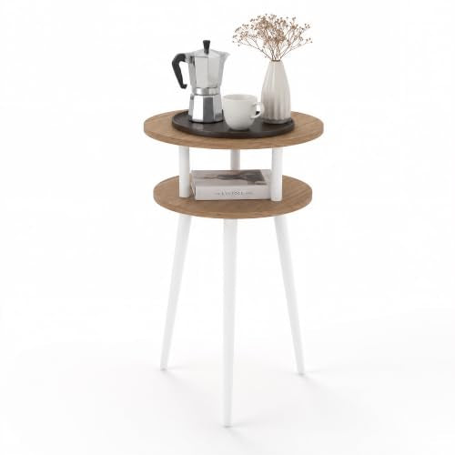 Small End Table for Living Room, 2-Tier Round Side Table with Metal Leg,Compact Sofa Circle Bedside Table Nightstand with Storage, Accent Table for Bedroom, Natural Wood - color: Oak and White