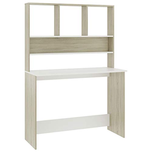 Computer Desk with Shelves, Modern Writing Workstation for Home Office, 43.3 x 17.7 x 61.8 Inches, Engineered Wood, White and Sonoma Oak - color: White and Sonoma Oak