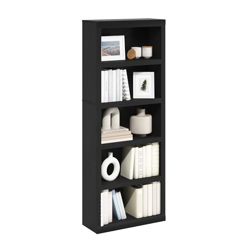 Furinno Rail Book Shelf, 5-Tier Bookshelf with Open Shelf, Bookcase with Classic Style Edges, 10 x 24.6 x 63.5, for Organization and Storage, for Living Room, Bedroom, Home Office, Blackwood - color: Blackwood, size: 5-Tier, 10 x 24.6 x 63.5