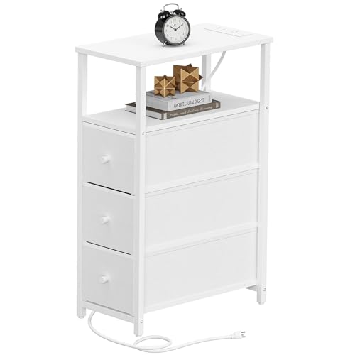 TUTOTAK Narrow Night Stand with Charging Station, Slim End Table | Tall Side Table with 3 Fabric Drawer, Small Bedside Table with Storage, Living Room, Bedroom, White TB01BW086 - color: White, size: 1 Pack (3 Drawers), style: With Plug