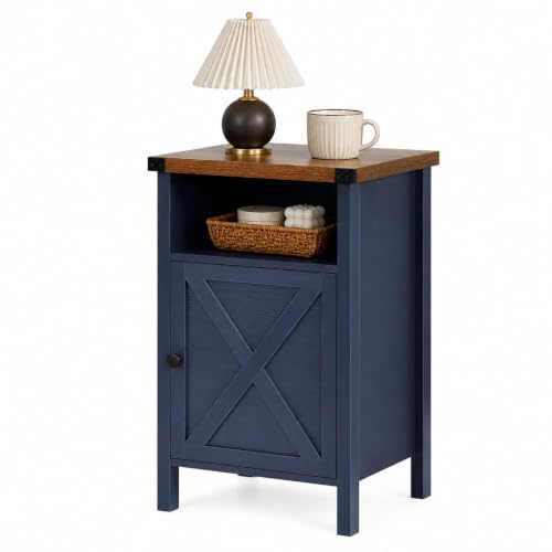Catrimown Farmhouse Nightstand with Barn Door and Shelf, Side Table, Rustic End Table for Bedroom, Living Room, Navy Blue - color: Navy Blue