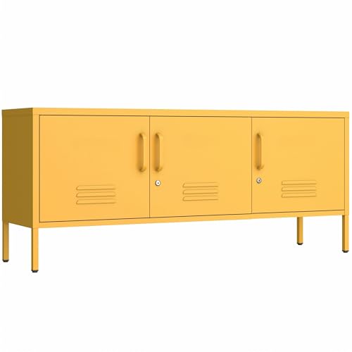 3 Door Lockable Metal TV Stand Storage Cabinet with Accent Cabinet Locker, Wide Heavy Duty Media Console for Large 100+ Inch TVs, Home Office Entertainment Center, Yellow 22"H X 47.3"W X 13.8"D - color: Mustard, style: TV stand-22"H-LM