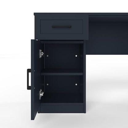 L-Shaped Home Executive Desk with 2 Cabinets and 2 Drawers, Computer Desk with Power Outlet, 11 Open Shelves and 1 Right Flip Shelf with Storage for Study, Living Room and Office (Antique Blue-02) - color: Antique Blue-02