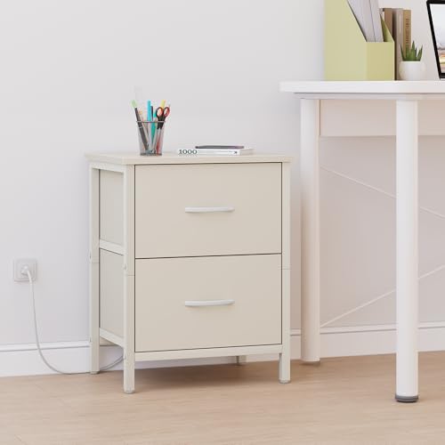 Vagusicc Nightstand with Charging Station, Bedside Table with USB Ports and Outlet, End Table Side Table with 2 Fabric Drawers for Bedroom, Living Room, Beige - color: Beige (1 Pack)