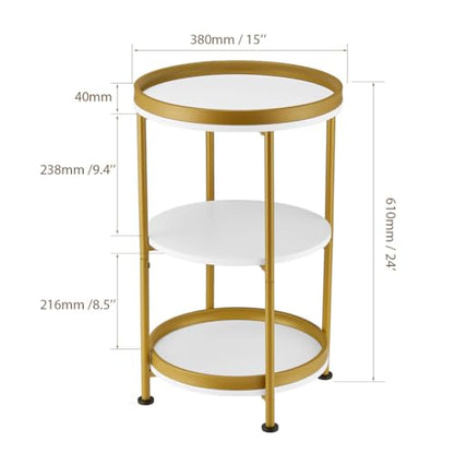 Dulcii Round Side Table with Storage Tray for Living Room, 15" L x 15" W x 24" H Bedroom Nightstand 3 Tiers Bedside Table with Steel Frame for Small Spaces (White & Gold) - color: White + Gold, style: Classic
