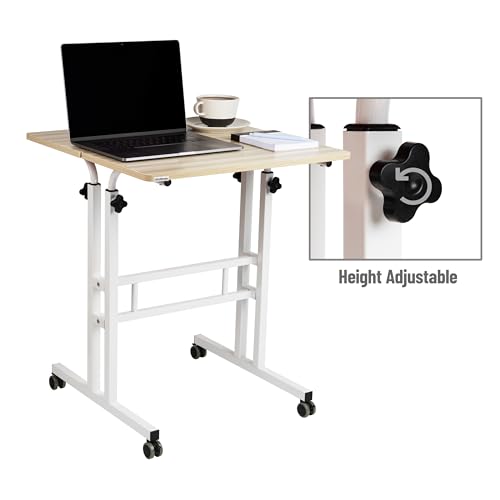 Mind Reader Standing Desk, Adjustable Height Laptop Workstation, Portable Rolling Desk on Wheels, Two-Tier Metal Frame, White - color: White