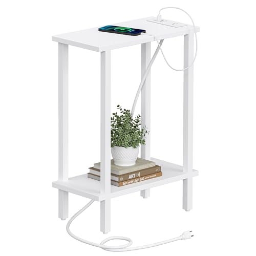 TUTOTAK Small End Table with Charging Station, Narrow Side Table with USB Ports and Outlets, Skinny Sofa Table, Slim Nightstand, Living Room, Bed Room, White TB01BW060 - color: White, size: 2-tier