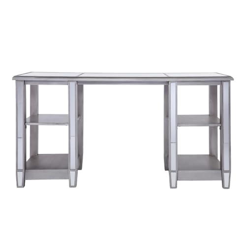Hassyee Luxury Mirrored Computer Desk Versatile PC Laptop Desk with 4 Open Shelves for Home Office, Tempered Glass Study Writing Table Workstation with Spacious Tabletop for Reading or Doing Homework
