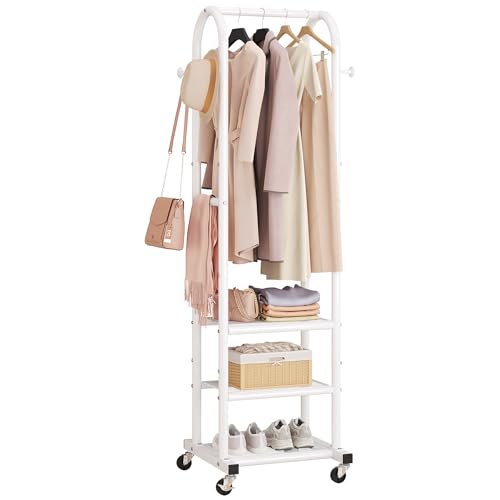 Dttwacoyh Clothing Rack with Wheels,Narrow Metal Garment Rack,White | Easy to install, 71.8 Inches Display Rack with 4 Side Hooks & 3 Shelves,for Small Flats, Bedroom, Entryway,White Clothes Rack - color: White
