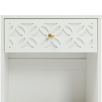 White Nightstand with Drawer and Open Shelf, 17.7 W | Modern Bed Side Table for Bedroom, Small End Table for Small Spaces, Living Room, Easy Assembly