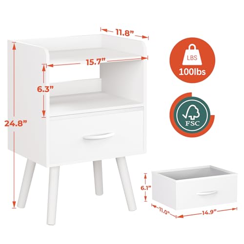 Yoobure Modern Nightstand with Drawer, Bedside Tables, Mid Century Nightstands with Open Storage Shelf, Wood Bedside Table, Small Night Stands for Bedrooms, 2-Tier Night Table - color: White