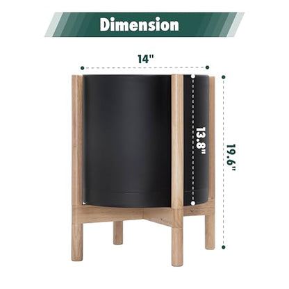 D'vine Dev Plastic Pot with Natural Wood Stand, Black, 14 in, 55-C-S-2 | Mid-Century Inspired Design, Elevated Plant Display, Clean Lines, Sturdy Support, Modern Space-Saving Style - color: Matte Black Pot + Natural Stand, size: 14 Inch