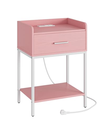 Nightstand with Charging Station,3-Tier Modern Bedside Table Night Stand with Storage Drawer and Open Shelf,Small End Side Table for Bedroom,Living Room,Pink - color: Pink With Charging Station