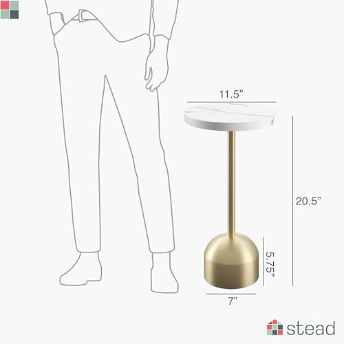 Round Metal Drink Table with Faux Marble Top, Brass Pole & Dome Base – Modern Small Pedestal Side Table for Living Room, Bedroom, or Office – Easy Assembly, Scratch-Resistant Base - color: Faux Marble Top With Brass Pole, style: Dome Base