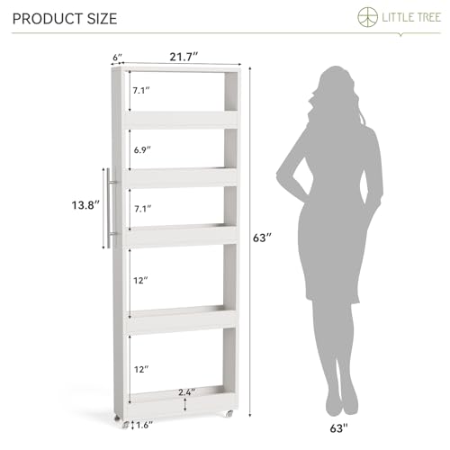 LITTLE TREE 63-Inch Slim Storage Cart on Wheels, 5-Tier Tall Narrow Mobile Shelf Organizer, Rolling Utility Cart with Metal Handle for Kitchen, Dining Room, Small Spaces, White