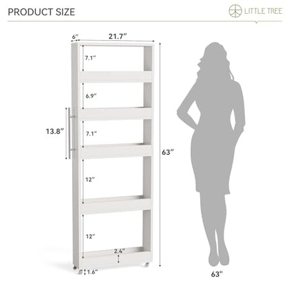 LITTLE TREE 63-Inch Slim Storage Cart on Wheels, 5-Tier Tall Narrow Mobile Shelf Organizer, Rolling Utility Cart with Metal Handle for Kitchen, Dining Room, Small Spaces, White