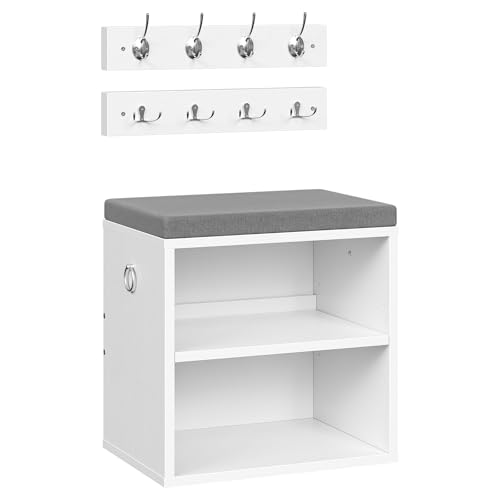 HOOBRO Shoe Storage Bench with Cushion, Entryway Bench with Coat Rack Set, Small Shoe Storage Organizer with Adjustable Shelf, for Narrow Hallway Foyer, Bedroom, White and Gray WG28HX01