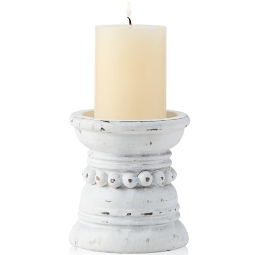 Wooden Candle Holder with Metal Cup - Rustic 4 Inch Pillar Candles Pedestal Stand for Tabletop, Fireplace, Decorative Beaded Candlestick Holders for Farmhouse Vintage Home Decor - White - color: Distressed White