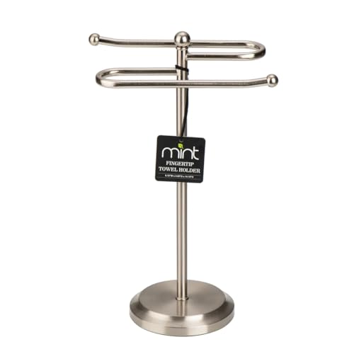 J&V TEXTILES Classical Steel Towel Rack Holder Stand with 2 Hanging Rings for Bathroom Vanity Countertops - Space Saving Hand Towel Holder (Brushed Satin Nickel) - color: Brushed Satin Nickel