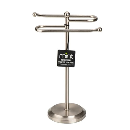 J&V TEXTILES Classical Steel Towel Rack Holder Stand with 2 Hanging Rings for Bathroom Vanity Countertops - Space Saving Hand Towel Holder (Brushed Satin Nickel) - color: Brushed Satin Nickel