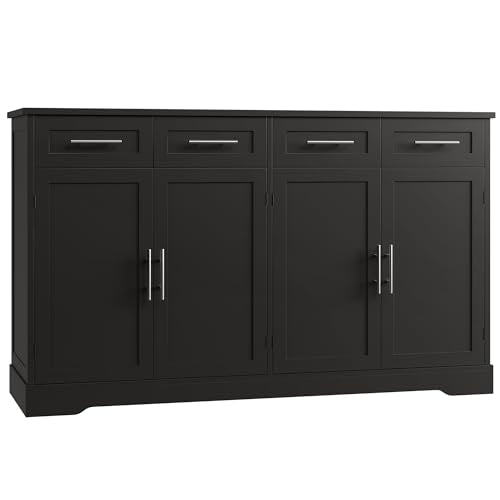 HOSTACK 60" Large Buffet Sideboard with Storage, 36" Tall Kitchen Buffet Storage Cabinet with 4 Drawer, Modern Coffee Bar Cabinet with Silver Handle, Long Sideboard Buffet Table for Kitchen, Black - color: Black