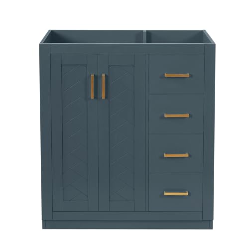 30 Inch Blue-Grey Bathroom Vanity Without Sink,Bathroom Vanity Base Cabinet | with Herringbone Pattern Soft Closing Doors,3 Right Drawers,Solid Wood Frame,Floor-Standing with Toe-Kick - color: Dark Blue, size: 30 Inch Base Only(Right Drawers)