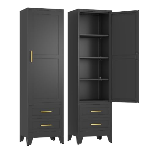 Ckzbx Tall Narrow Storage Cabinet, 66.93" H Tall Bathroom Cabinet Metal Pantry Cabinets with Drawers, 3 Adjustable Shelves, for Kitchen, Bathroom, Home Office, Living Room - color: Black, size: 2Door-20"W-2Drawers