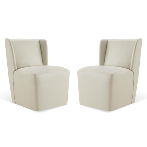 KISLOT Upholstered Dining Chairs Set of 2 with Casters, Wingback Modern Side Armless Deskchair with Rollers for Diningroom Bedroom Livingroom Reading Room, Cream Faux Leather - color: A Cream Faux Leather, size: Set of 2