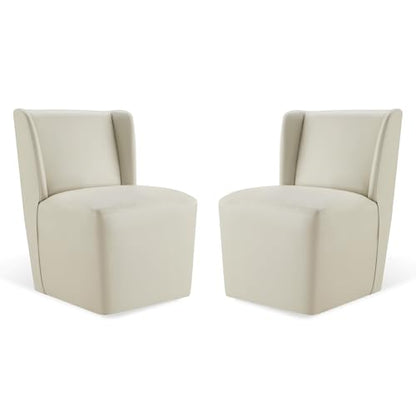 KISLOT Upholstered Dining Chairs Set of 2 with Casters, Wingback Modern Side Armless Deskchair with Rollers for Diningroom Bedroom Livingroom Reading Room, Cream Faux Leather - color: A Cream Faux Leather, size: Set of 2