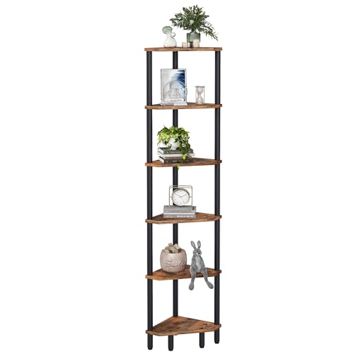 6 Tier Corner Shelf, 66.5'' Tall Standing Shelf, Narrow Display Shelf Stand | Modern Corner Bookshelf, Corner Bookcase for Living Room, Bathroom, Rustic Brown LCS502R - color: Rustic Brown