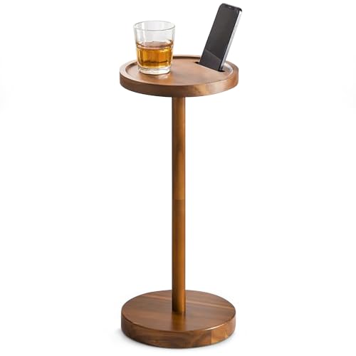BLUEWEST Drink Table, 22" Tall Compact Side Table with Phone Slot and Weighted Base, Durable Pedestal Table Accent for Living Room, Bedroom, or Office, Cocktail and Martin (1, Acacia) - color: Acacia