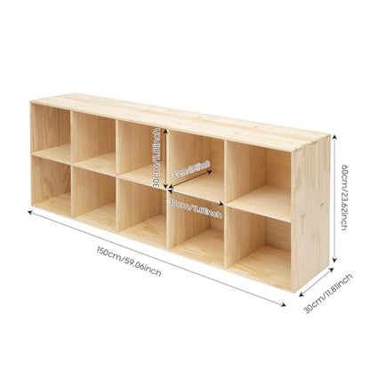 10-Cube Solid Wood Bookshelf, 2-Tier Storage Organizer Semi-Open Floor Display Shelf Closet Cabinet for Home Office Library School, 12" D x 59" W x 24" H - size: 10-Cube