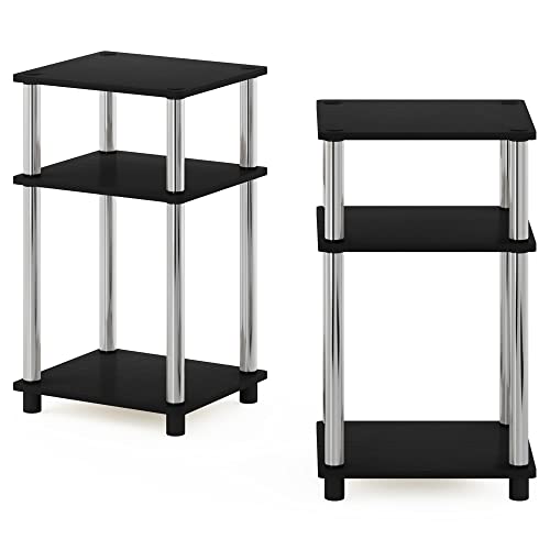 Furinno JUST Side Table Set of 2, 3-Tier Modern End Tables, Open Shelves Night Stand, Nightstand Set, Toolless Assembly, for Living Room, Bedroom, Americano/Stainless Steel - color: Americano/Chrome, size: 3-Tier, Round Pole, style: 2-Pack