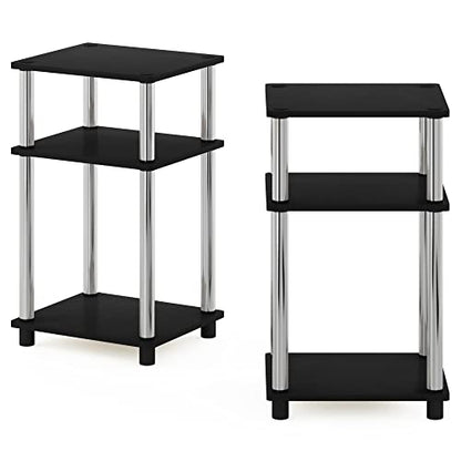 Furinno JUST Side Table Set of 2, 3-Tier Modern End Tables, Open Shelves Night Stand, Nightstand Set, Toolless Assembly, for Living Room, Bedroom, Americano/Stainless Steel - color: Americano/Chrome, size: 3-Tier, Round Pole, style: 2-Pack