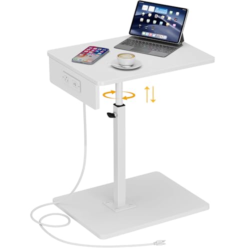 C Shaped End Table with Charging Station, Adjustable Height C Table End Table, 360°Swivel TV Tray Table for Small Spaces, Rounded Corners Couch Table, Side Tables Living Room for Sofa,Chair,Snack,Bed - color: White