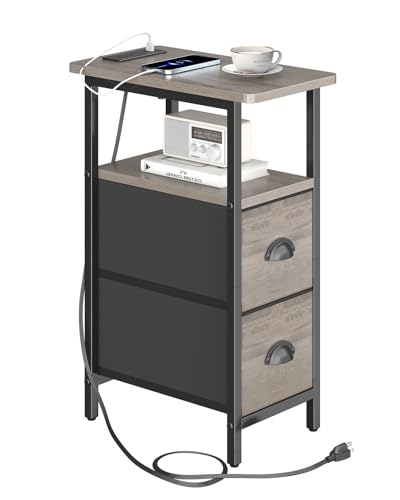 sthmec Narrow End Table with Charging Station, Narrow Side Table with 2 Fabric Drawers, Slim Nightstand, Skinny Bedside Table, Small Side Table for Small Spaces, Living Room, Bedroom, Grey - color: Grey, size: 7.87'' W x 15.75'' D x 24.37'' H, style: Powe
