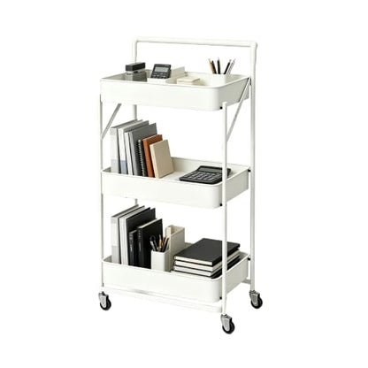 3-Tier Metal Foldable Rolling Cart with Wheels, Heavy Duty No Assembly Required, Space Saving Multi-Purpose Utility Trolley for Kitchen Bathroom Office Dorm Living Room Balcony (White, Handheld) - color: White