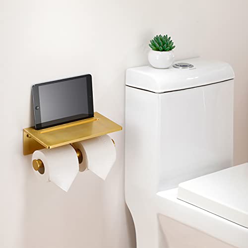 Double Toilet Paper Holder with Shelf, Commercial Toilet Paper Roll Dispenser Wall Mount with Cell Phone Storage Rack, Aluminium Fits Mega Roll Dual Toilet Paper Tissue Holder Brushed Gold - color: Gold-2 Roll