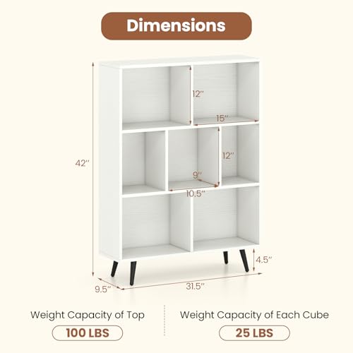 Giantex 7-Cube Bookcase, 3-Tier Modern Bookshelf with 4 Metal Legs, 31.5" Freestanding Open Storage Organizer with 2 Anti-tip Devices, Mid-Century Display Rack for Living Room (31.5" x 9.5" x 42") - size: 31.5" x 9.5" x 42"
