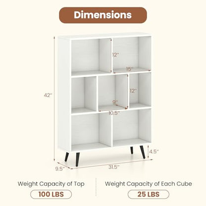 Giantex 7-Cube Bookcase, 3-Tier Modern Bookshelf with 4 Metal Legs, 31.5" Freestanding Open Storage Organizer with 2 Anti-tip Devices, Mid-Century Display Rack for Living Room (31.5" x 9.5" x 42") - size: 31.5" x 9.5" x 42"