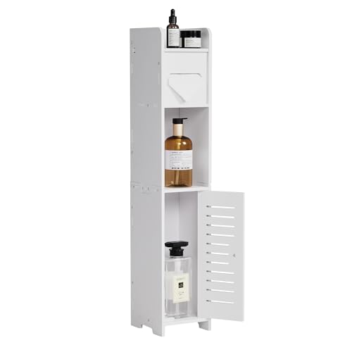 VECELO Storage Cabinet for Small Spaces,Skinny Toilet Paper Holder Stand with Anti-Drop Fence and Roller Storage, White - size: CV1