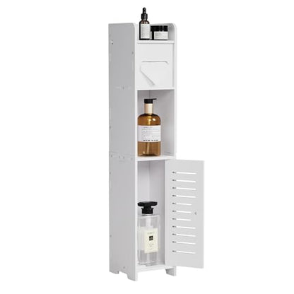 VECELO Storage Cabinet for Small Spaces,Skinny Toilet Paper Holder Stand with Anti-Drop Fence and Roller Storage, White - size: CV1