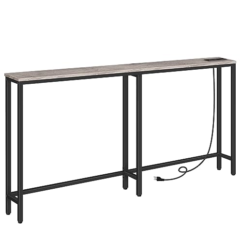 HOOBRO 63" Narrow Console Table with Charging Station, 5.9" Slim Sofa Table Behind Couch, 2 AC Outlets & USB-C Ports, Long Entryway Tables for Small Spaces, Livingroom, Greige BG165UXG01G1 - color: Greige + Black, size: 63.0"L x 5.9"W x 31.5"H