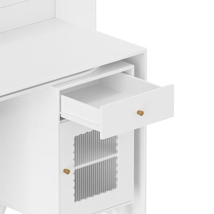 Wooden Computer Gaming Desk with 90 Degree Rotating Desktop, Study Writing Desk with Open Shelves, Storage Drawer and Cabinets, Work Desk for Home Office Bedroom Living Room (White-03) - color: White-03