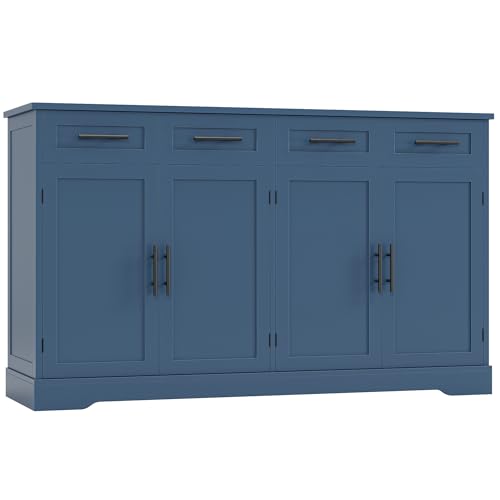 HOSTACK 60" W Sideboard Buffet Cabinet with Storage, Kitchen Cabinet, Blue | 36" Tall Kitchen Buffet Storage Cabinet with 4 Drawers, Large Coffee Bar Cabinet, Modern Buffet Table for Dining Living Room - color: Blue