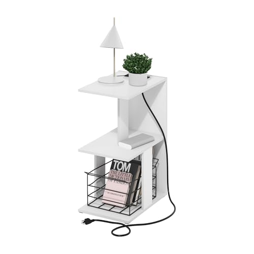 Furinno BOYATE Side Table, 2-Tier End Table with Charging Station, Open Shelf Night Stand, Bedside Table with USB and Type-C Port, for Living Room, Bedroom, White - color: White