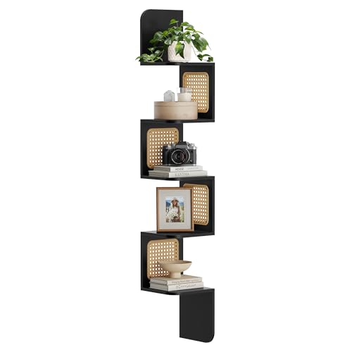 VASAGLE 5-Tier Corner Shelf, Wall Mounted Floating Shelf, Zigzag Corner Shelf Unit, PVC Rattan Sides, Space-Saving, for Kitchen, Living Room, Bedroom, Boho Style, Ash Black ULLS582BF01S - color: Ash Black