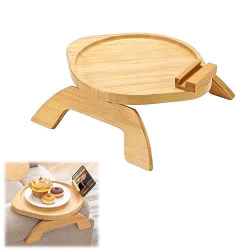Couch Arm Tray Table Oval, Bamboo Clip-On Sofa Armrest Snack Tray with 360° Phone Holder, Collapsible Cozy Sofa Armrest Tray Bamboo Side Table for Drinks, Food or Something Else (1-Pack) - color: Round Natutal