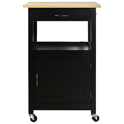 eHemco Kitchen Island Cart on Wheels, Black Base, Natural Hardwood Top | Drawer, Storage Cabinet, Shelf - color: Black